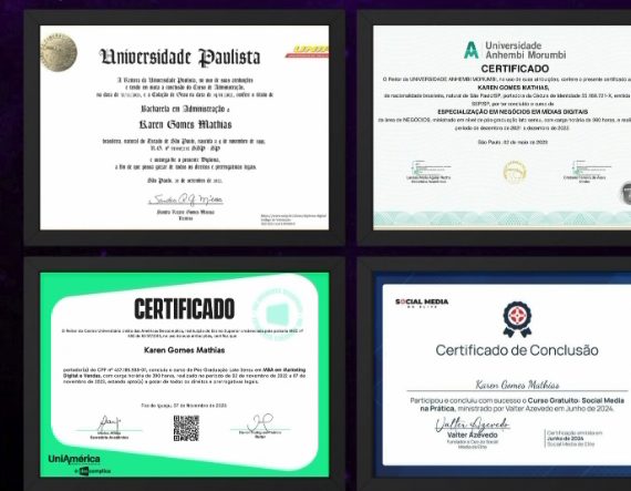 Certificados da Universidade Paulista, Anhembi Morumbi, UniAmérica e Social Media na Prática